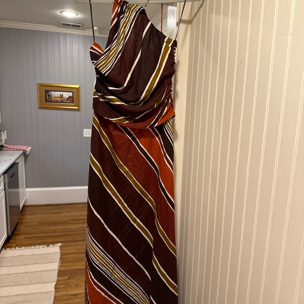 Zara One Shoulder Dress in Brown and Orange Stripes